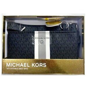 Michael Kors Black Dark Gray Belt Bag Logo Signature NWT Gift Box